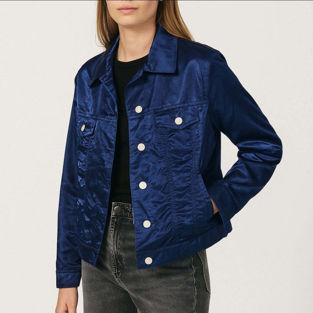 Chicos Blue Sateen Womens Trucker Jacket Sz 2 (L)